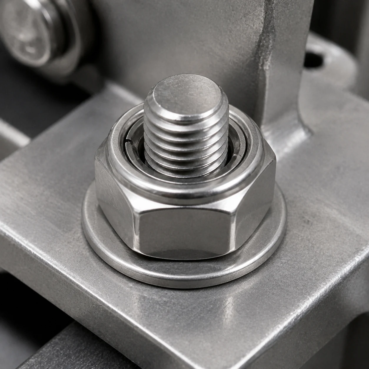 Stainless steel DIN 980M all metal lock nut installed with a matching bolt and washer on industrial machinery