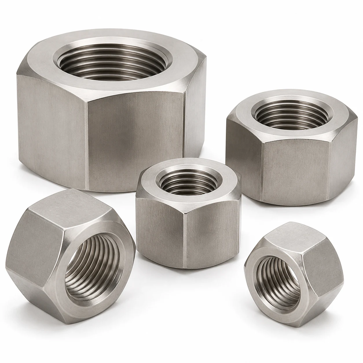 Five stainless steel appearance ASTM A563 heavy hex nuts in different sizes with thick bodies on a pure white background