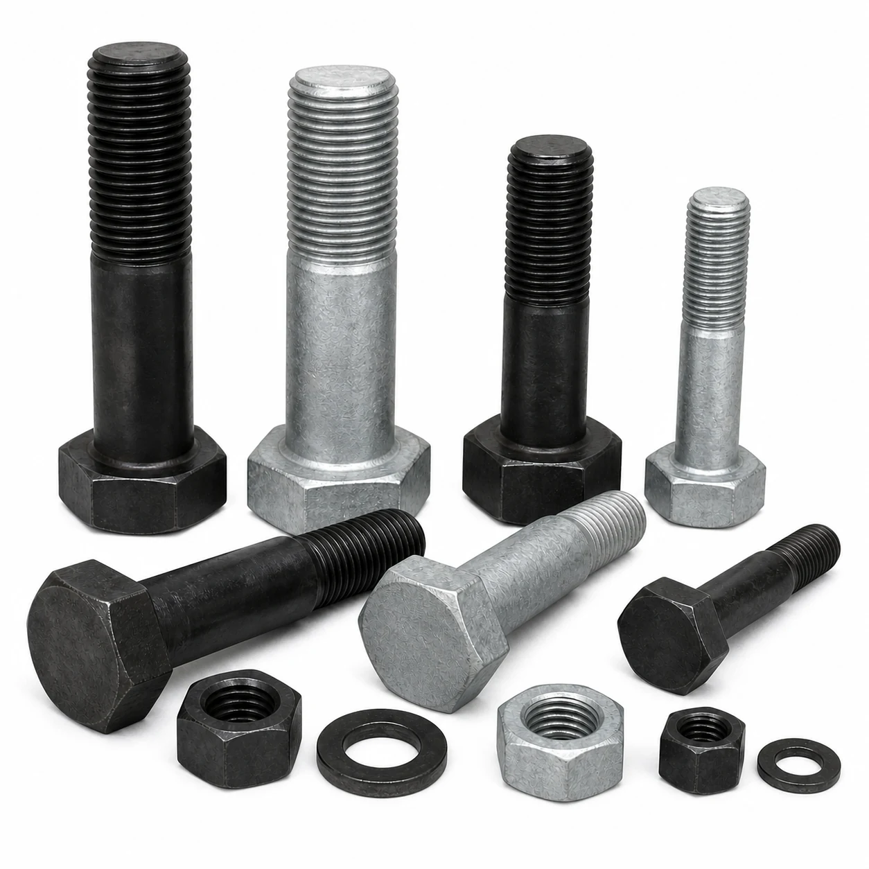 Black oxide and hot dip galvanized heavy hex structural bolts in multiple sizes with oversized heads, matching heavy hex nuts and washers