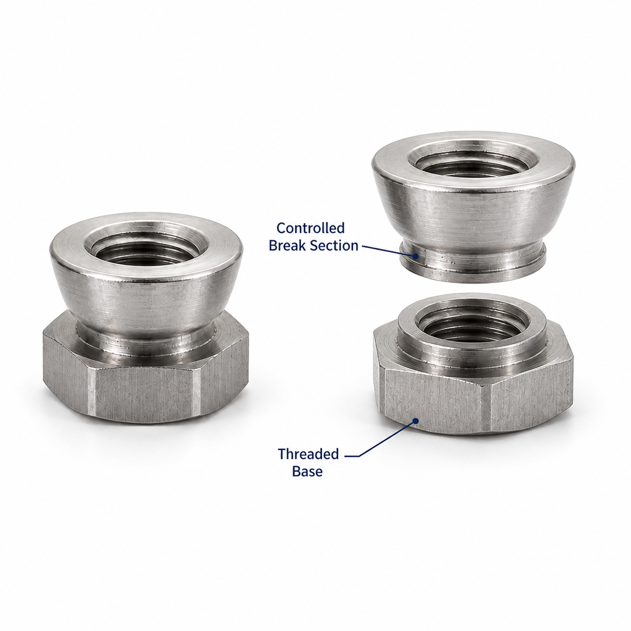 Breakaway nut controlled break section and threaded base technical structure