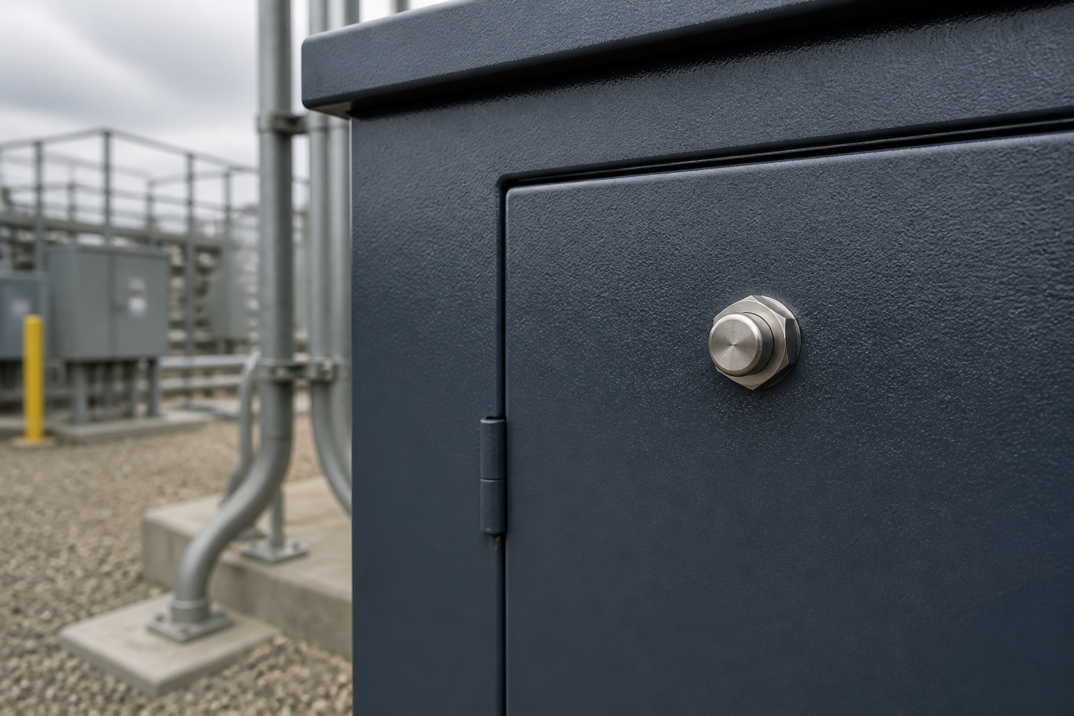 Breakaway security nut installed on outdoor industrial equipment cabinet