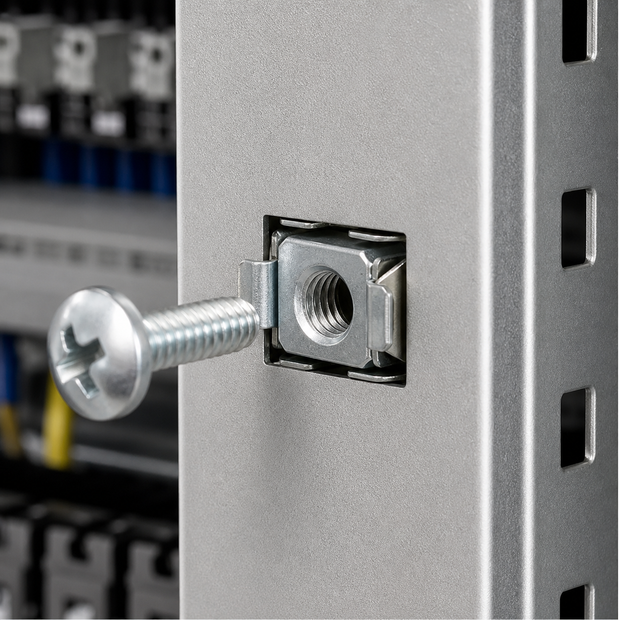 Cage nut installed in industrial sheet metal equipment enclosure