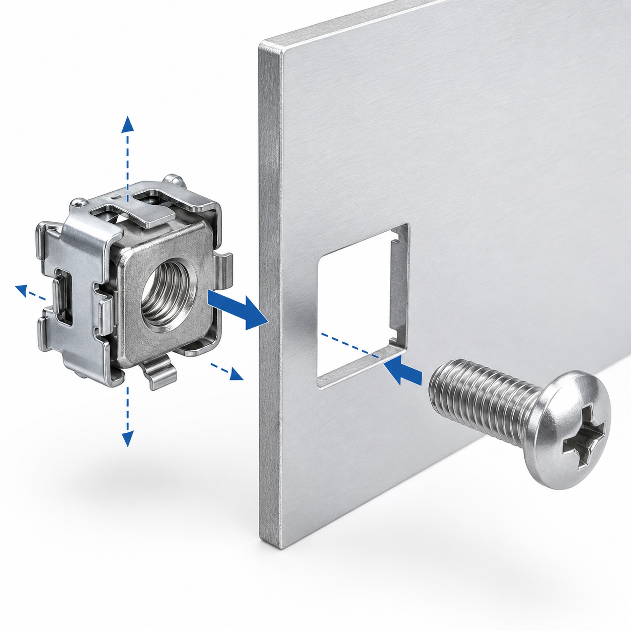 Cage nut square panel hole and clip-in installation diagram