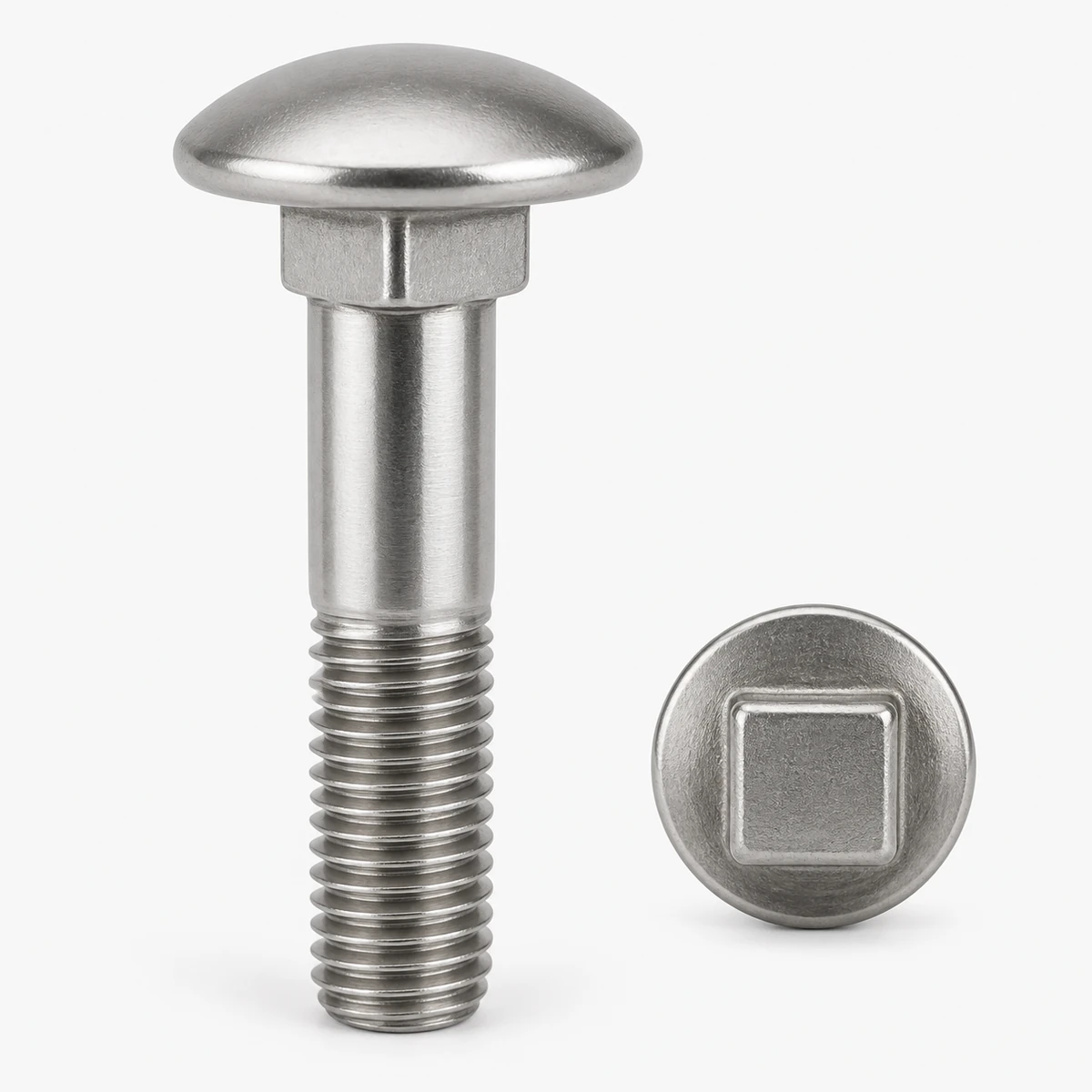 Carriage bolt structural detail showing a round dome head, square neck and threaded shaft