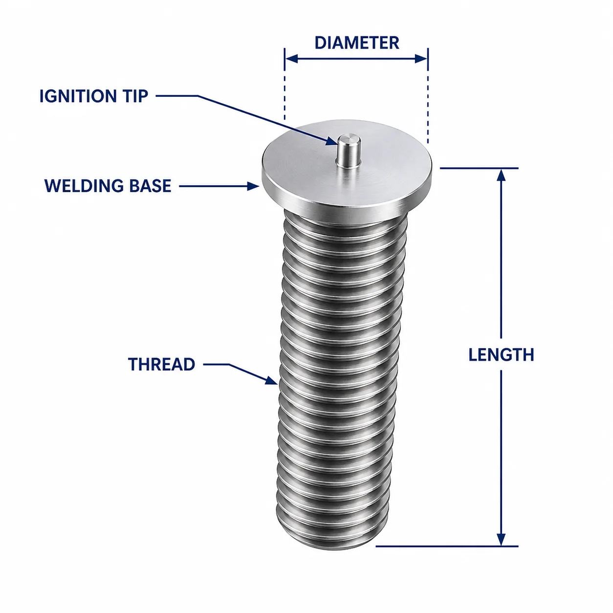 Engineering detail of a full-thread CD weld stud showing thread, thin welding base, ignition tip, diameter and length
