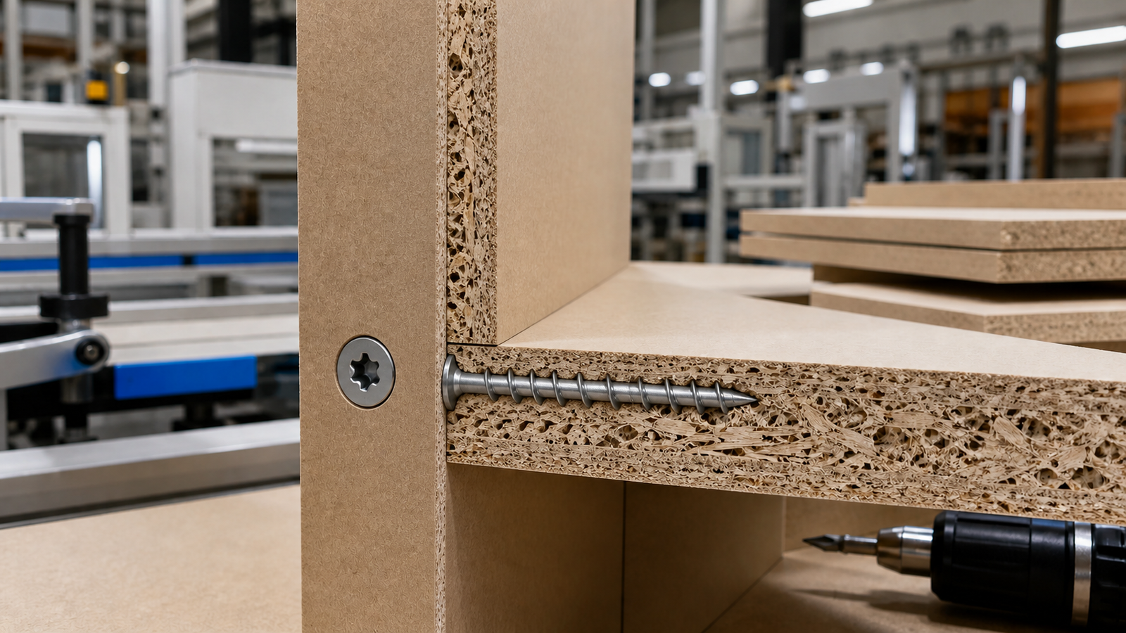 Countersunk chipboard screw fastening MDF and particleboard furniture panels