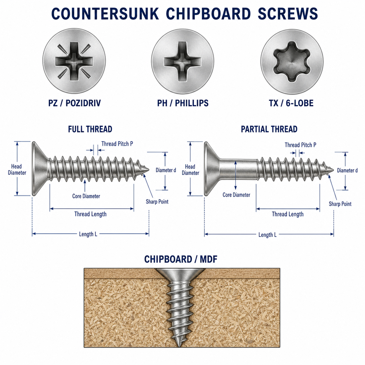 Chipboard screw full and partial thread designs with PZ PH and Torx drives