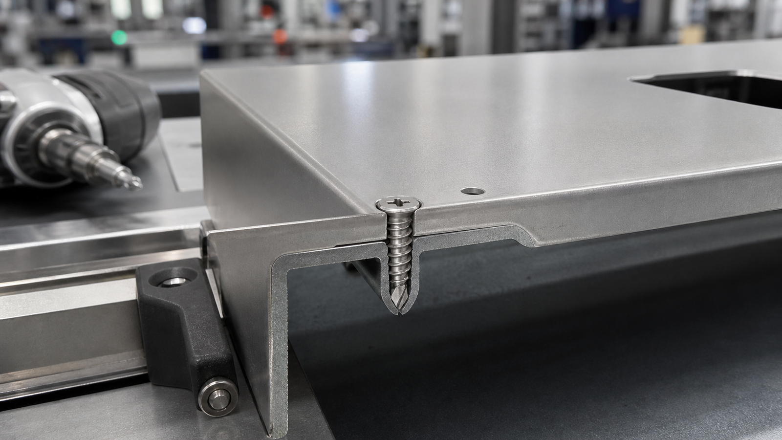 DIN 7504 P countersunk self drilling screw installed flush in industrial sheet metal