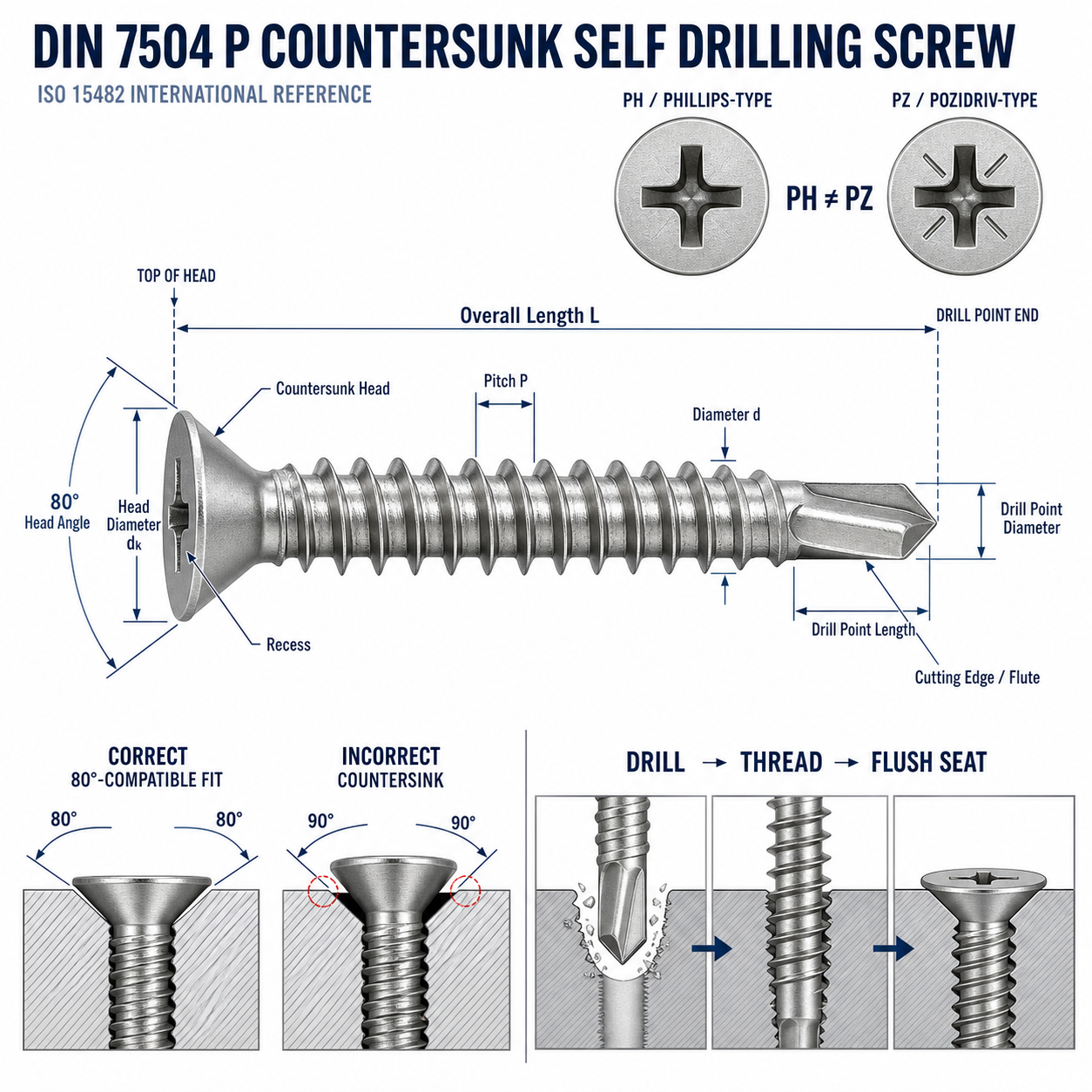 DIN 7504 P countersunk self drilling screw 80 degree head dimensions and drill point