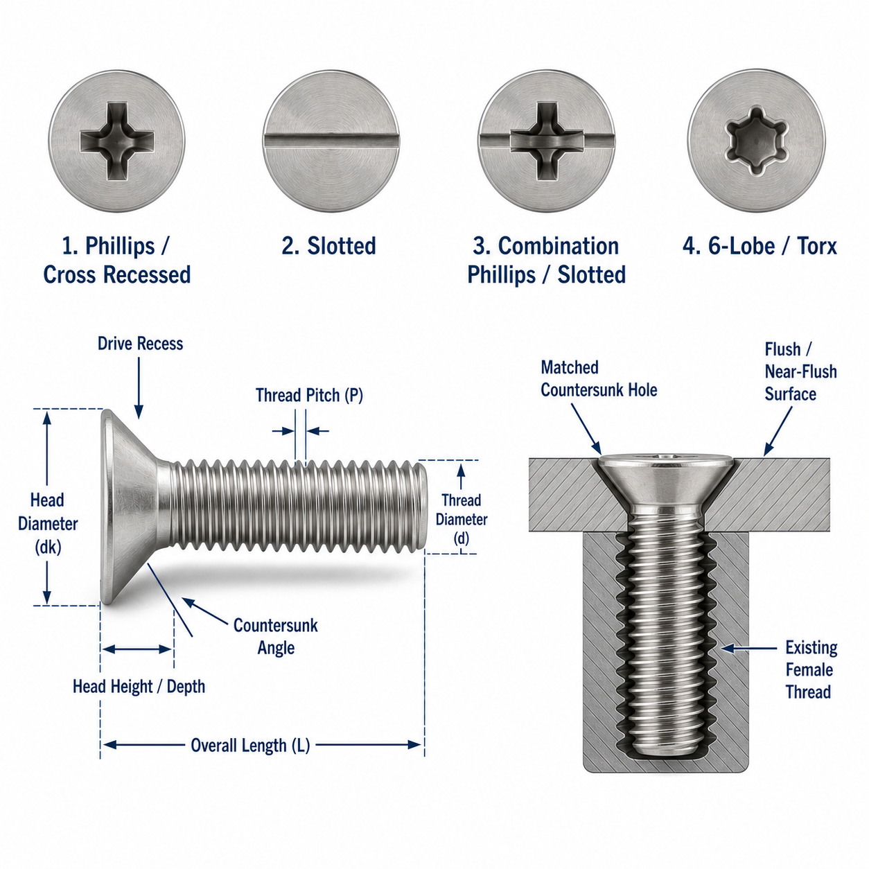 Countersunk Machine Screw drive types, dimensions and flush-fit geometry