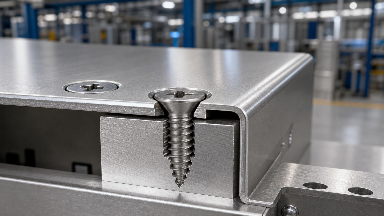 Countersunk Head Self Tapping Screw installed flush in an industrial sheet metal panel