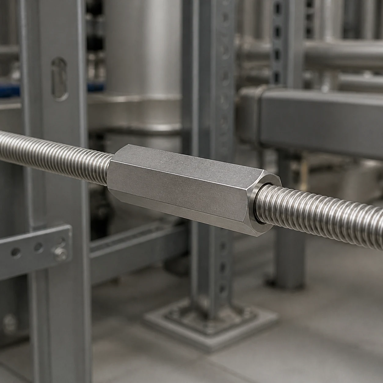 Two stainless steel threaded rods joined end to end by a long hex coupling nut in industrial equipment
