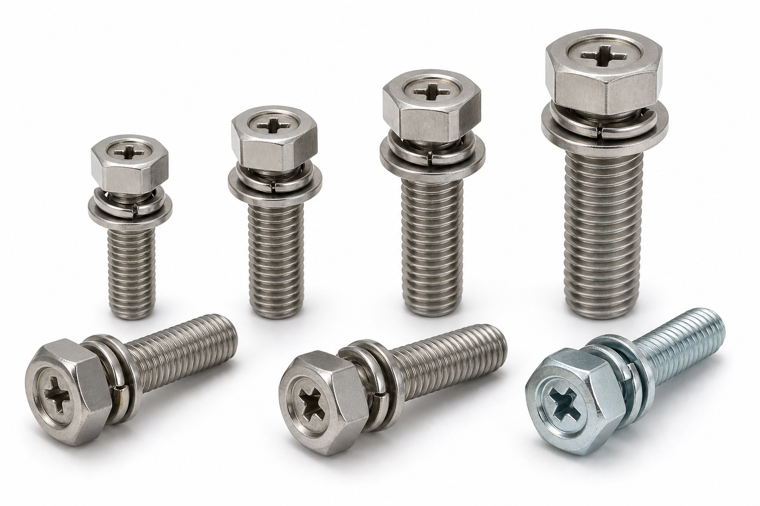 Cross recessed hex head three-piece SEMS bolts with captive spring and flat washers