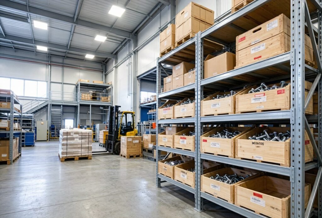 Industrial hardware warehouse with organized shelving, fasteners and export packaging