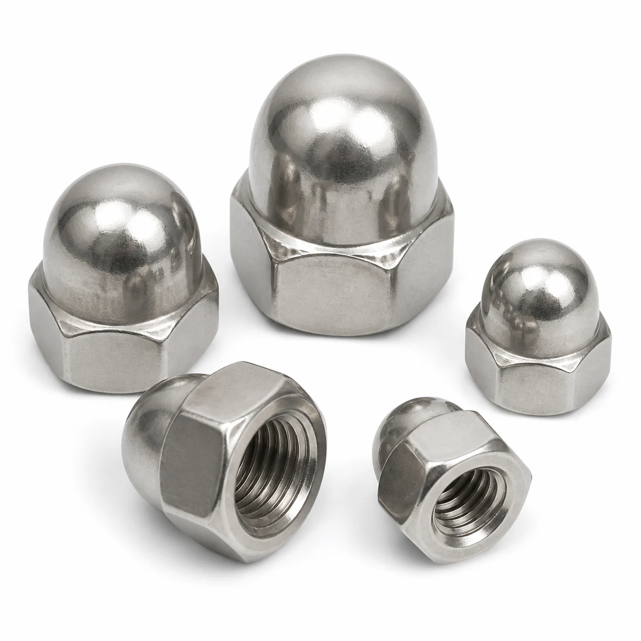 Five stainless steel DIN 1587 dome nuts in different sizes with rounded closed tops on a pure white background