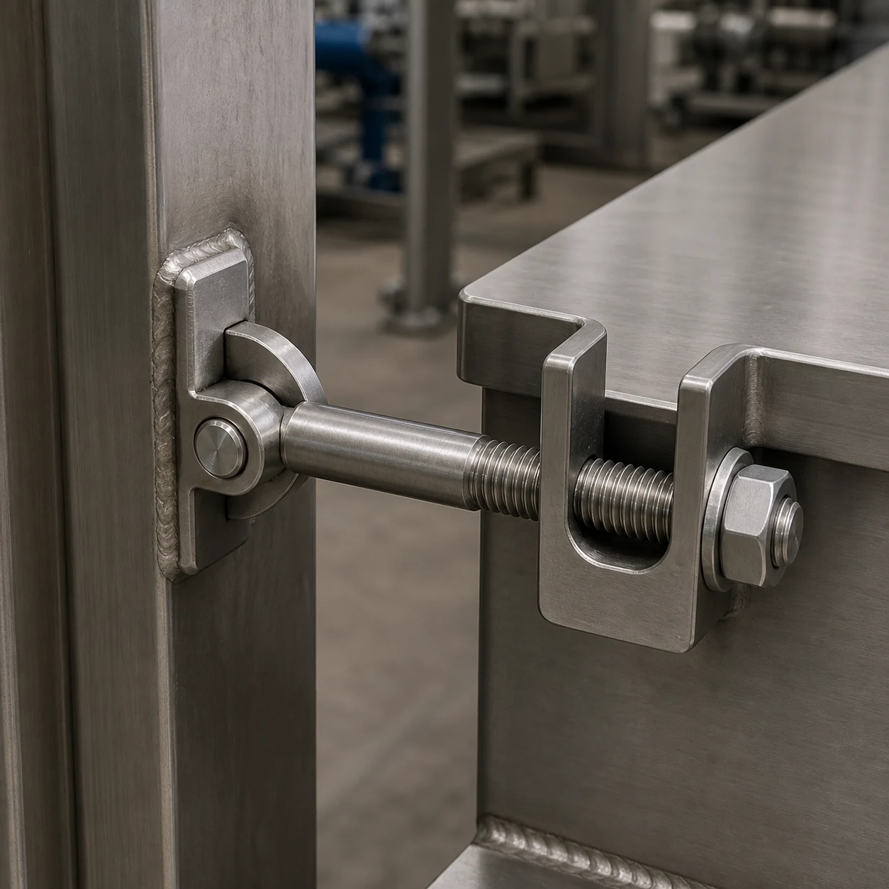 DIN 444 swing bolt installed on industrial machinery pivot clamping assembly