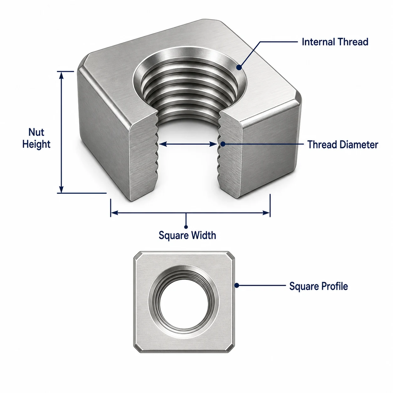 DIN 557 square nut cutaway showing square width nut height internal thread thread diameter and square profile