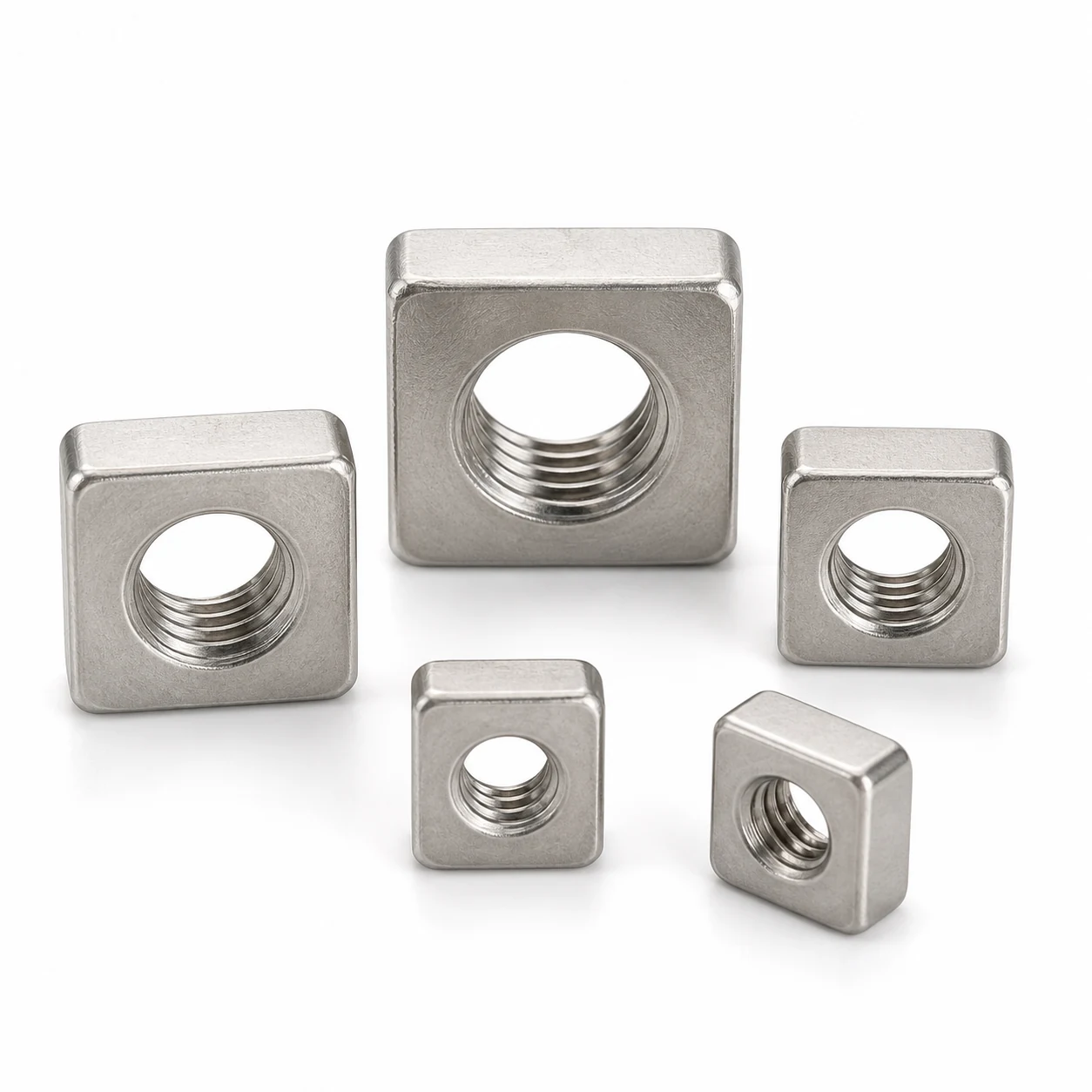 Five stainless steel DIN 557 square nuts in different sizes with visible internal threads on a pure white background