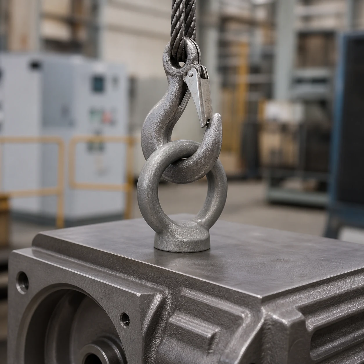 DIN 580 lifting eye bolt installed on industrial machinery for equipment handling