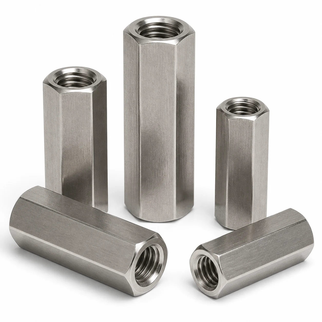 Five stainless steel DIN 6334 long hex coupling nuts in different sizes and lengths on a pure white background