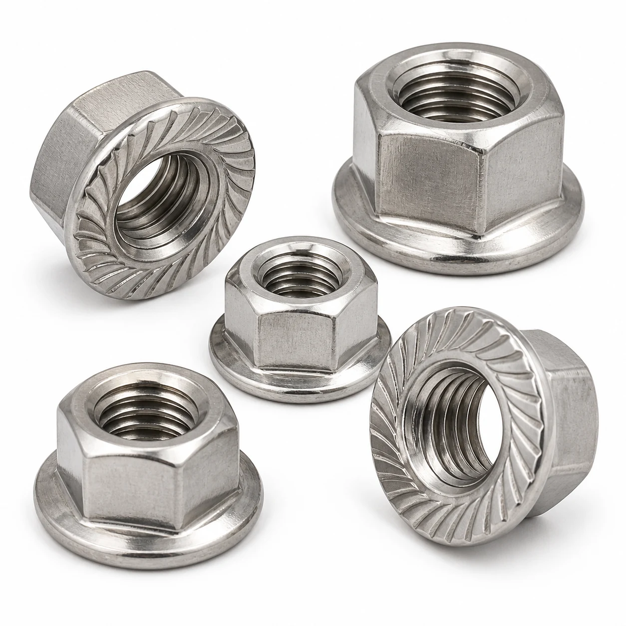 Five stainless steel flange nuts in serrated and smooth flange designs on a pure white background
