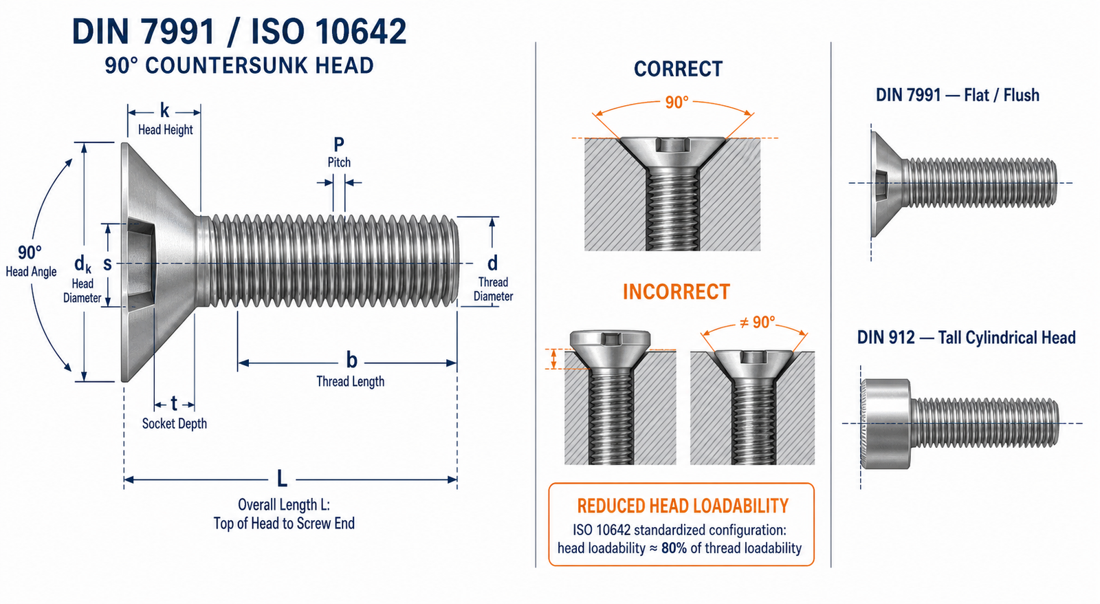 DIN 7991 90 degree hex socket countersunk screw dimensions and reduced loadability