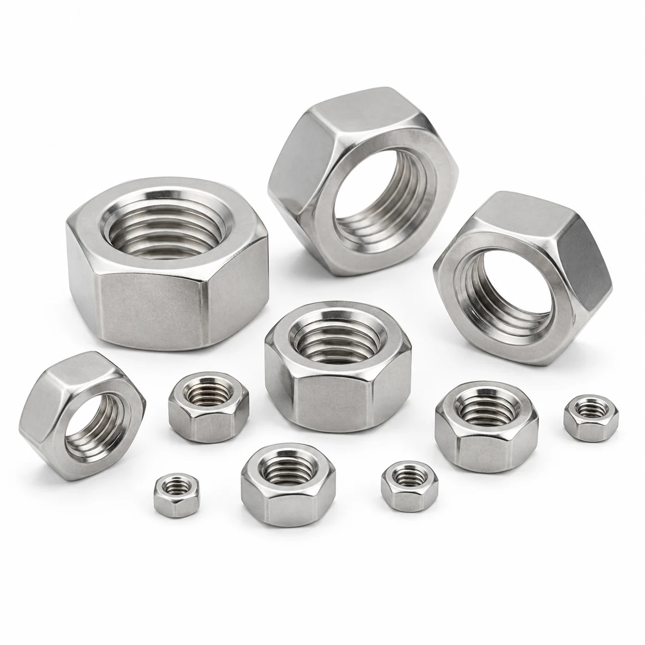 Multiple DIN 934 stainless steel hex nuts in different sizes on a pure white background