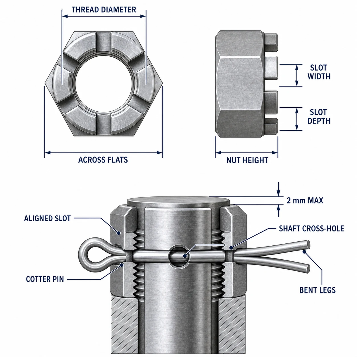 DIN 935 slotted nut technical diagram showing thread diameter across flats nut height slot width slot depth and cotter pin locking through an aligned shaft cross-hole