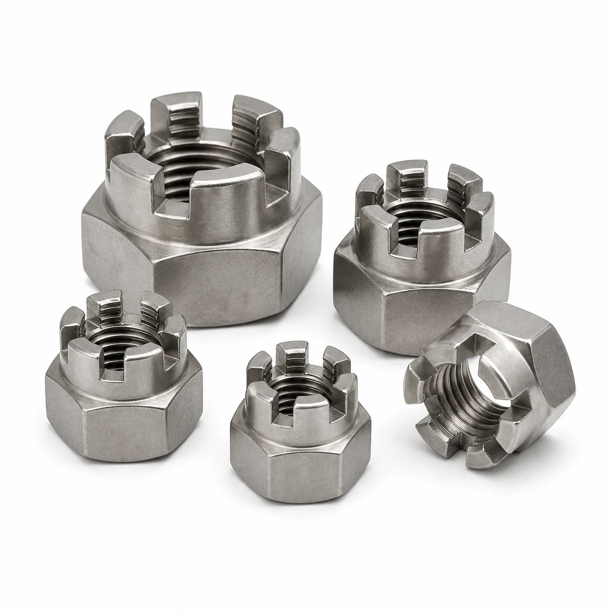 Five stainless steel DIN 935 slotted nuts in different sizes with clear hexagonal bodies upper axial slots and visible internal threads on a pure white background