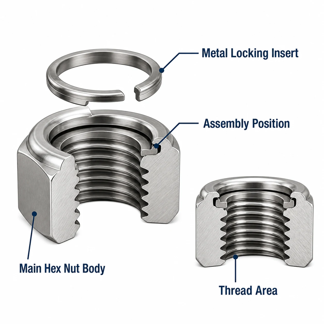 DIN 980M lock nut cutaway showing main hex nut body metal locking insert assembly position and thread area