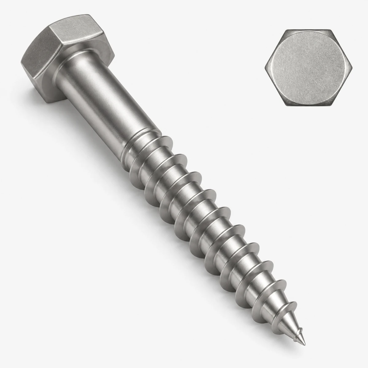 DIN 571 hex lag bolt structural detail showing a hex head, partial smooth shank, coarse wood thread and pointed tip