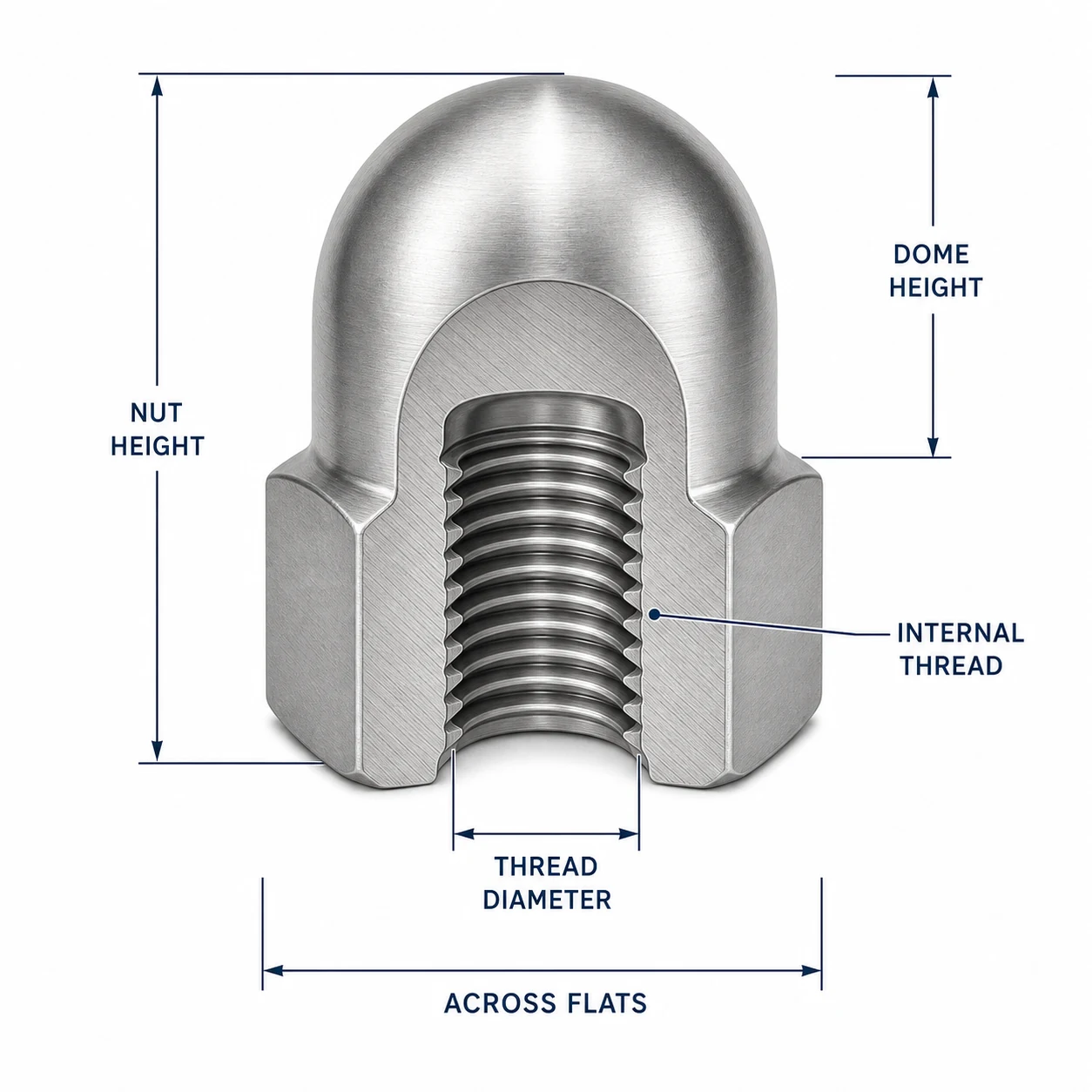 DIN 1587 stainless steel dome nut cutaway showing dome height nut height across flats thread diameter and internal thread