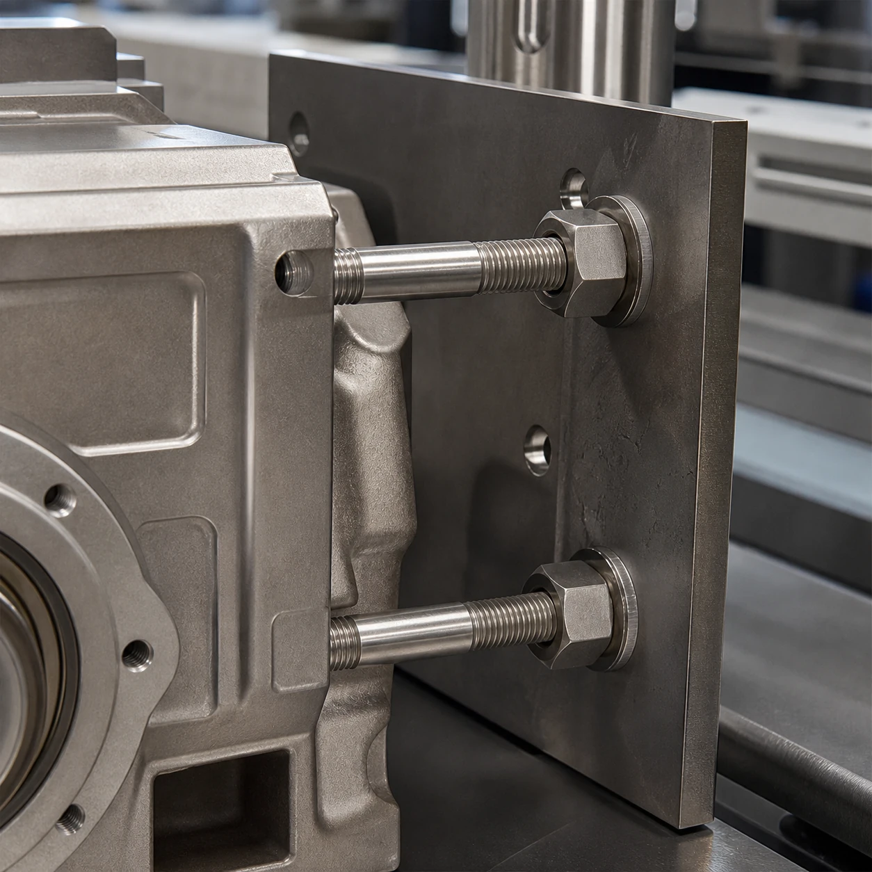 Stainless steel double end studs connecting an industrial machinery housing to a steel mounting plate