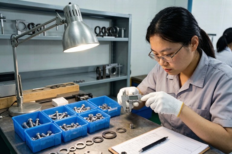 Quality control laboratory with thread measurement tools, calipers and testing equipment