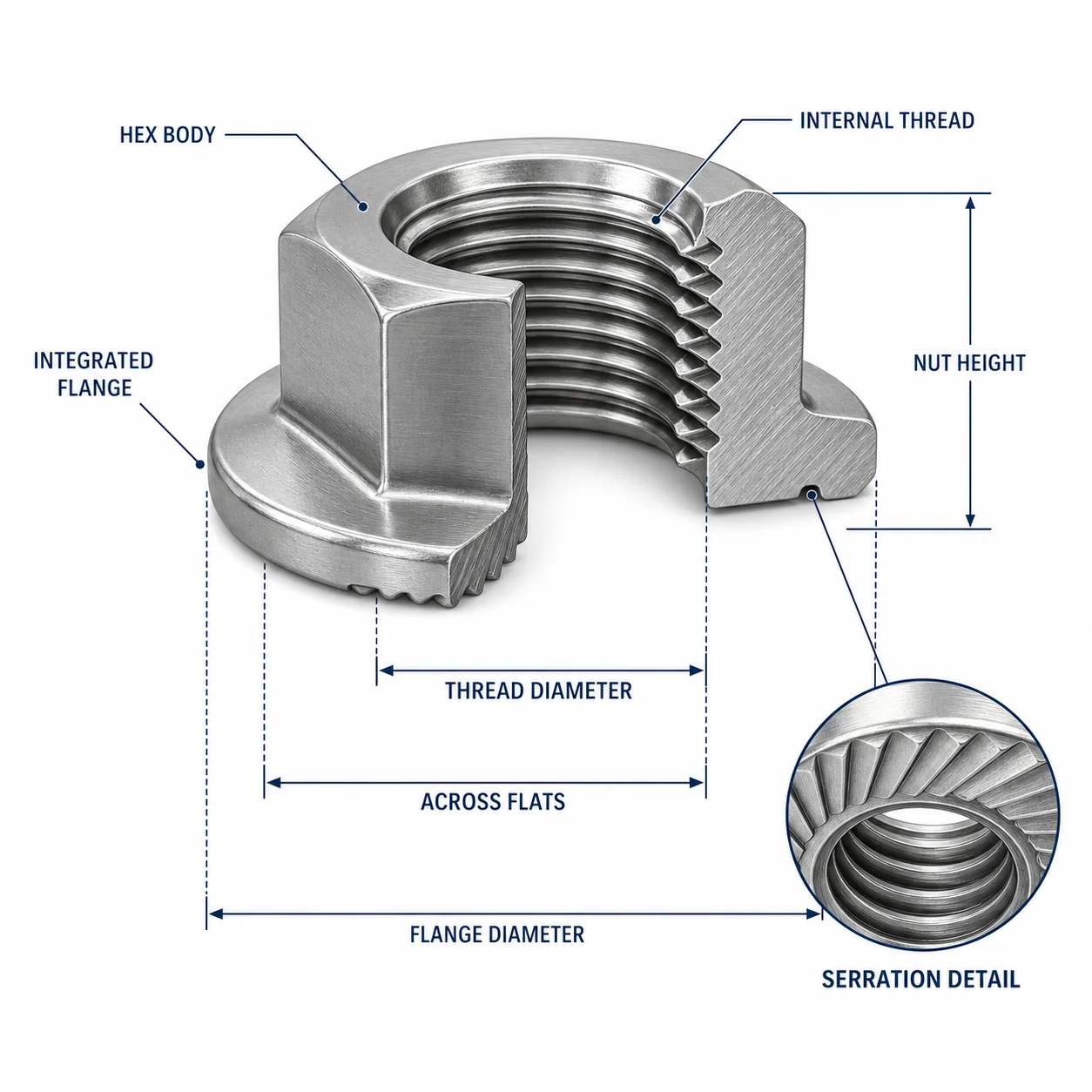 Stainless steel flange nut cutaway showing hex body integrated flange internal thread serration detail and dimensions