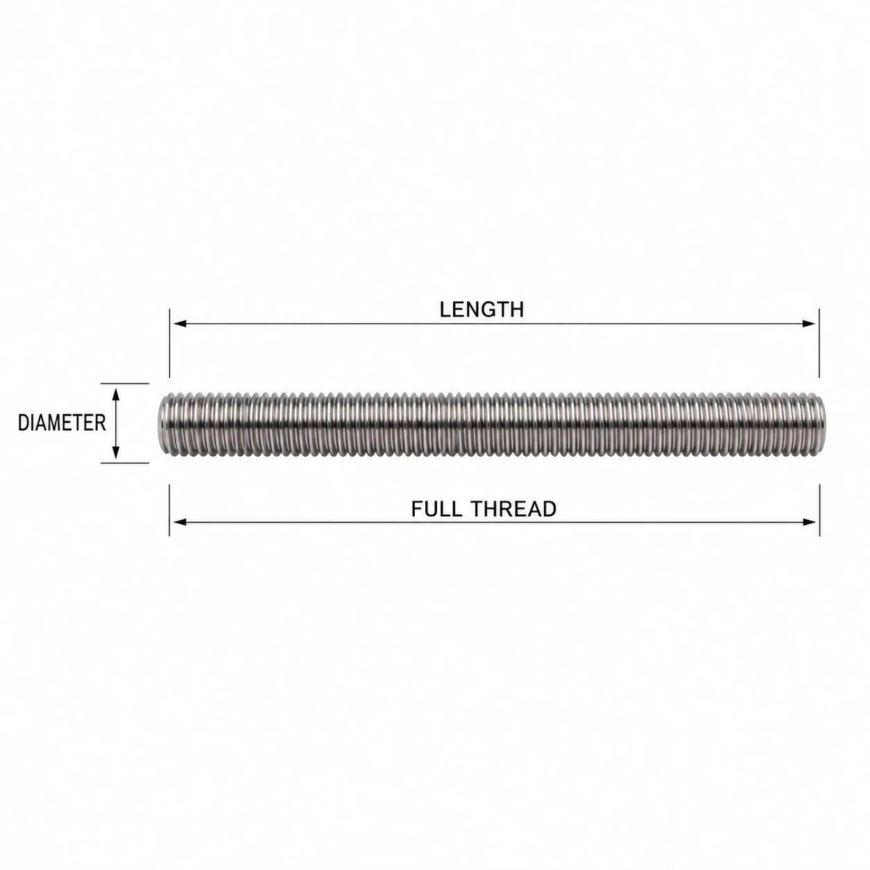 Engineering detail of a fully threaded stainless steel rod showing full thread, overall length and diameter