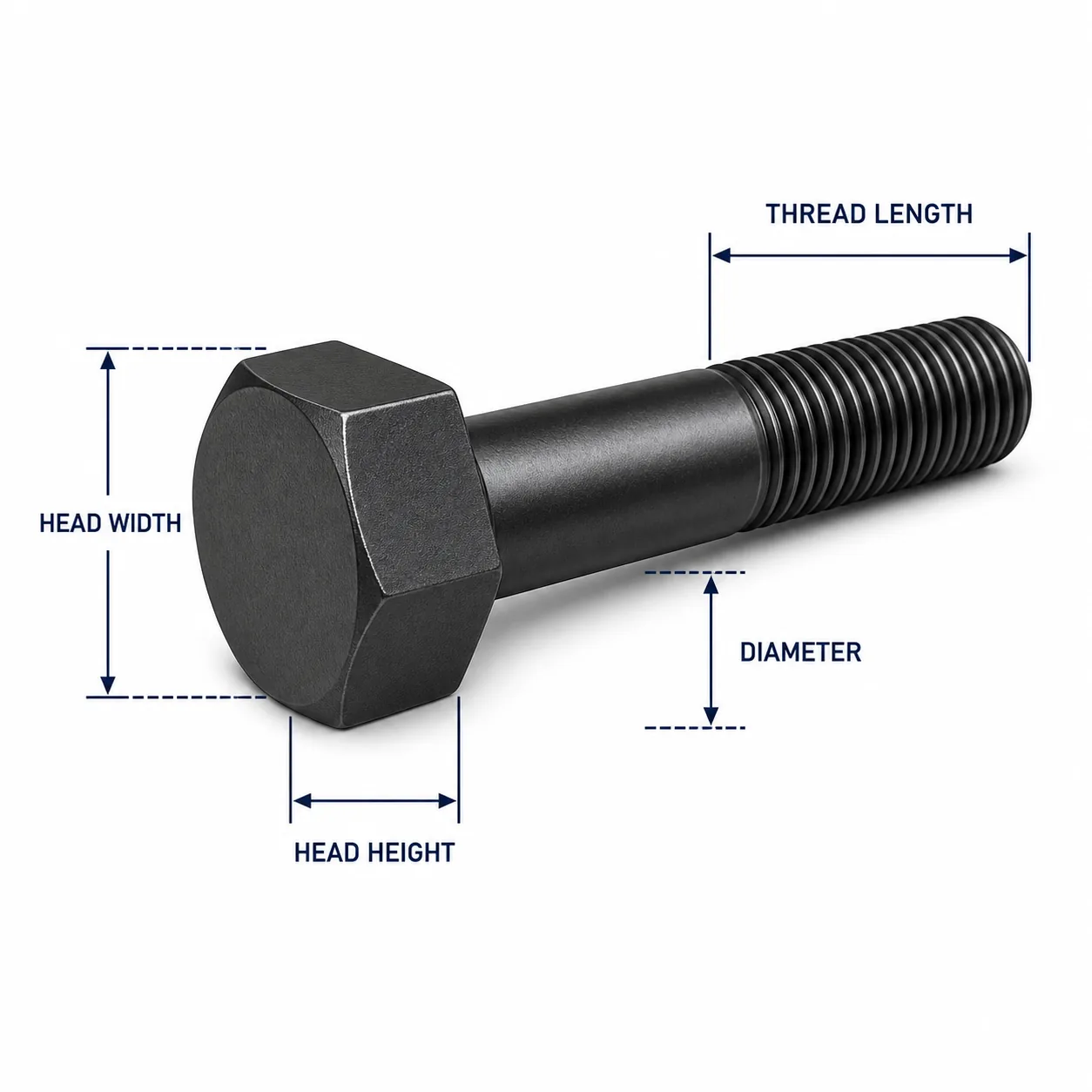 Engineering detail of a heavy hex structural bolt showing head width, head height, thread length and diameter
