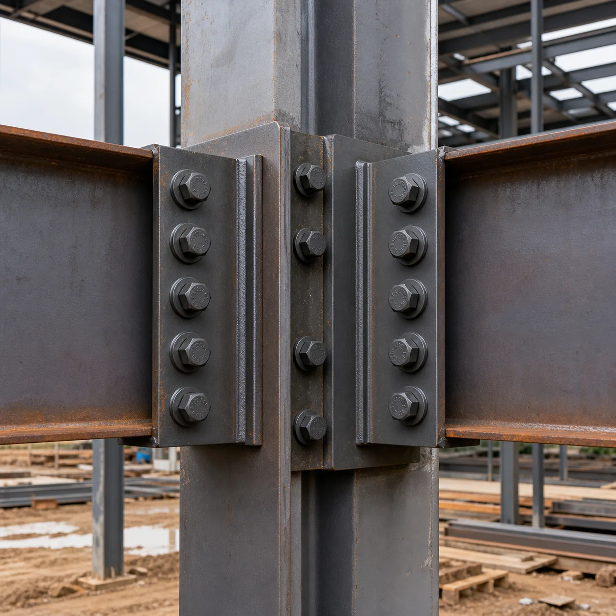 Heavy hex structural bolts with nuts and washers installed in a steel beam and column connection