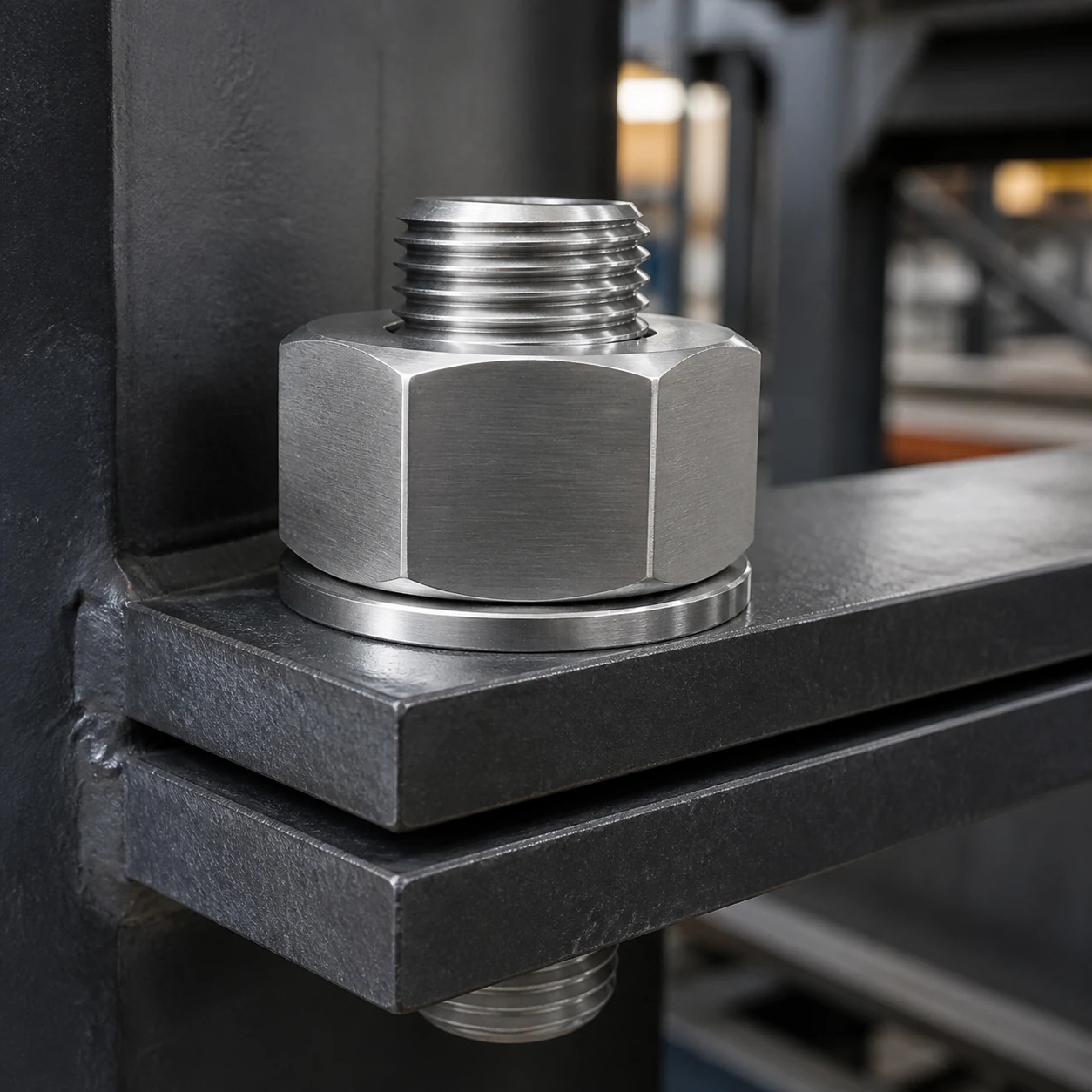 Stainless steel appearance heavy hex nut and washer installed on a large heavy bolt in a structural steel connection