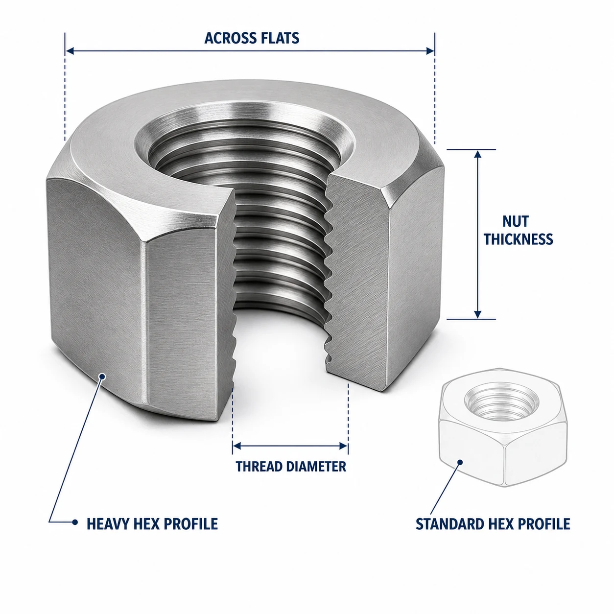 Heavy hex nut engineering diagram showing across flats nut thickness thread diameter and heavy hex profile compared with a standard hex nut