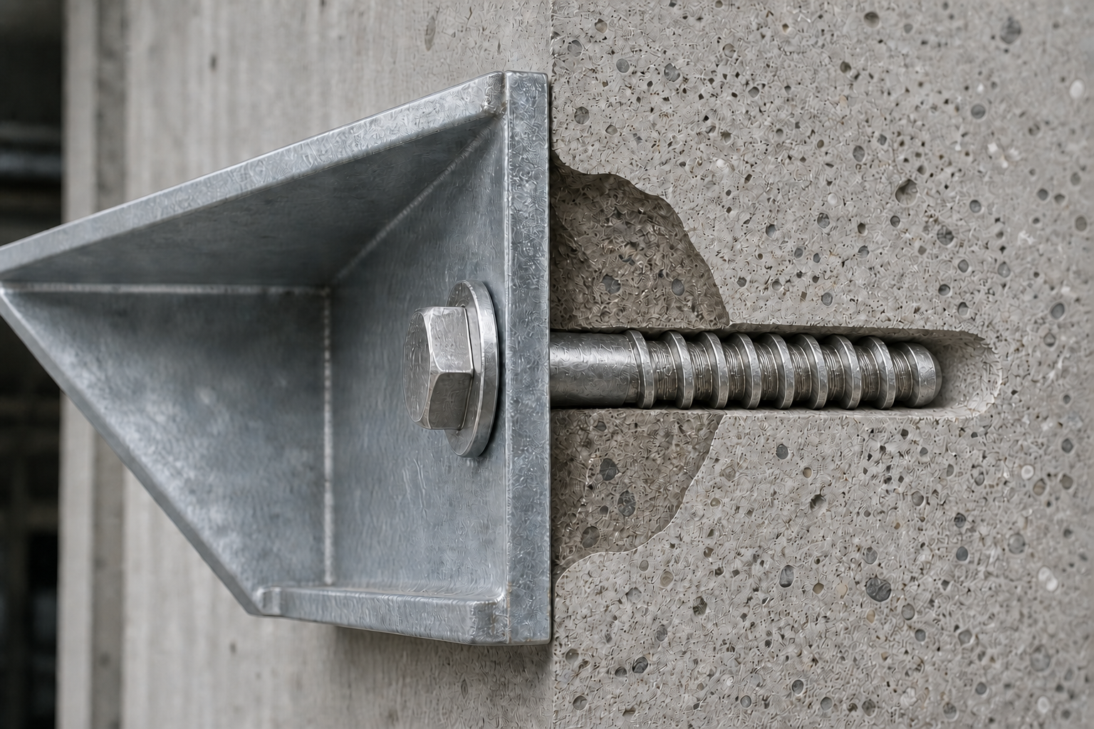 Hex flange head concrete screw directly fixing steel bracket to concrete