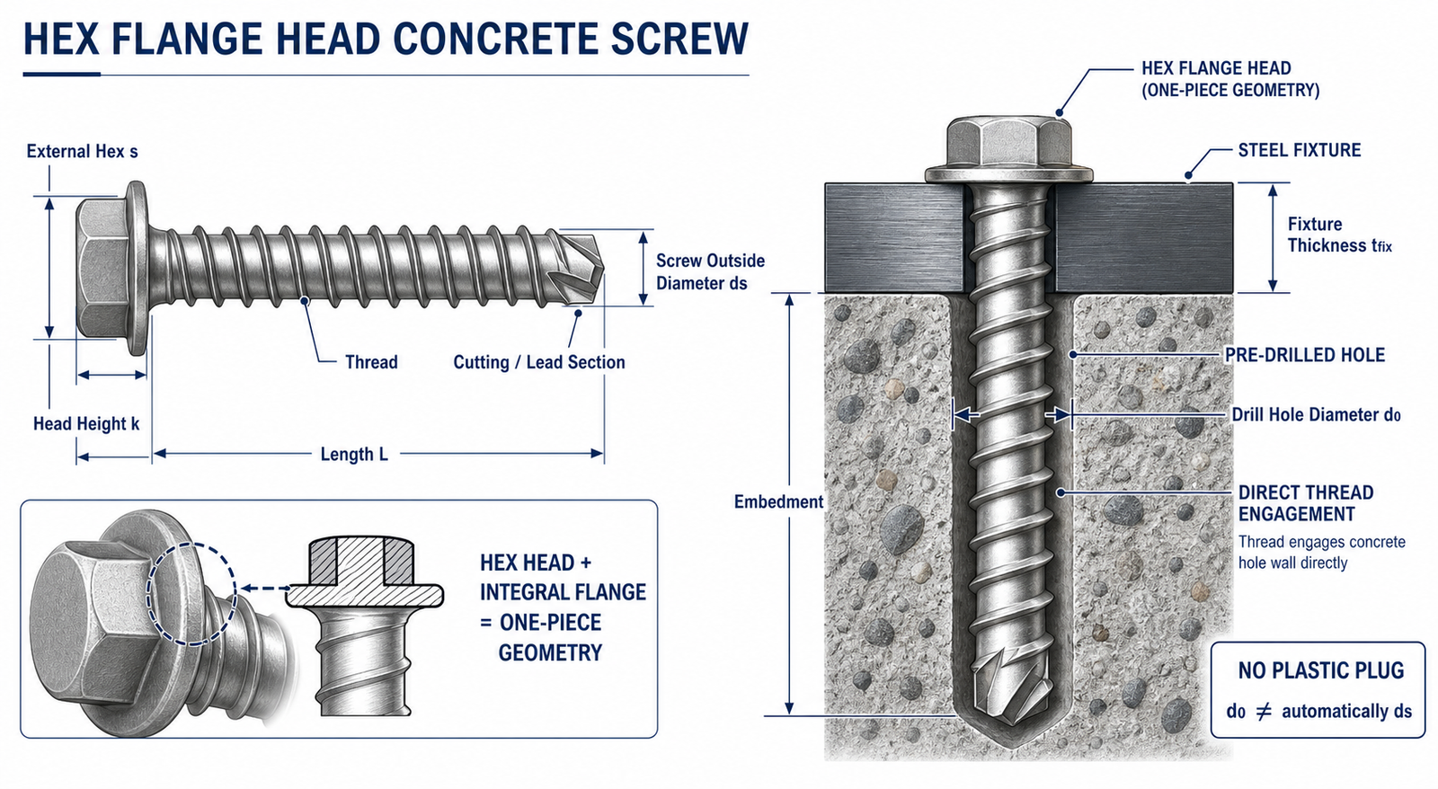 Hex flange concrete screw dimensions drill hole and direct concrete engagement