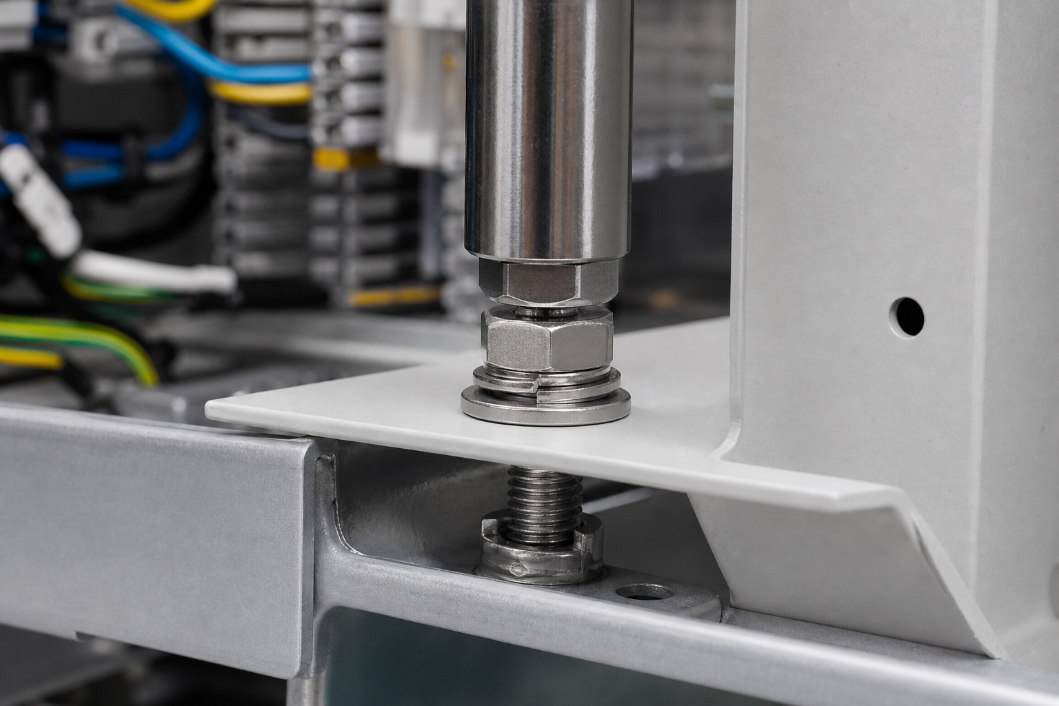 Cross recessed hex head three-piece SEMS bolt installed in industrial equipment