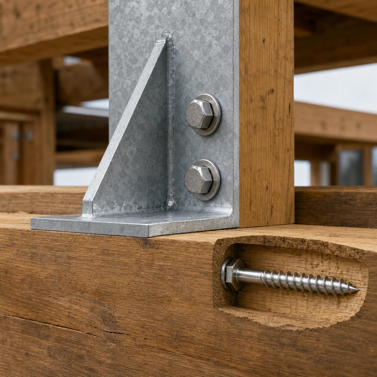 Stainless steel hex lag bolts fastening a galvanized steel bracket directly into a heavy timber beam