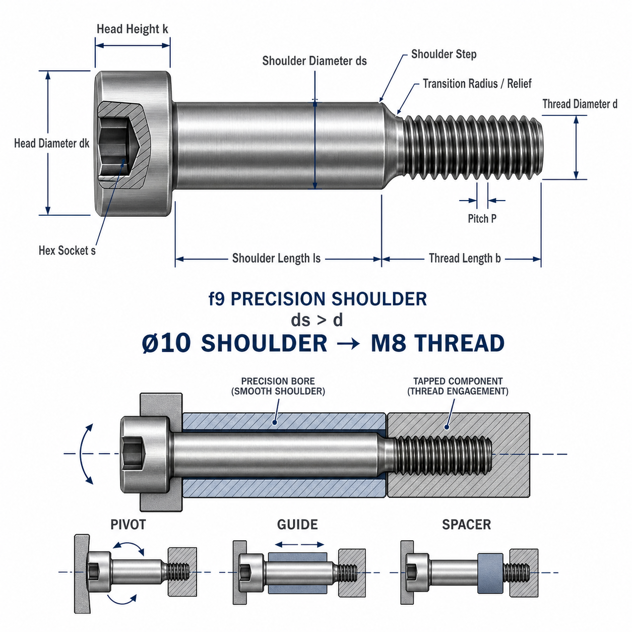 ISO 7379 shoulder bolt dimensions showing precision shoulder diameter and length