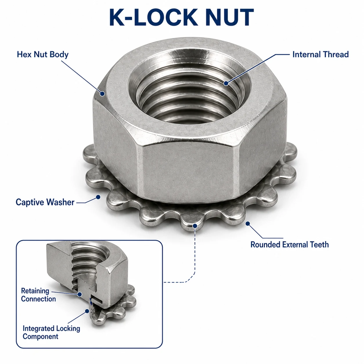 K-Lock nut technical detail showing hex nut body internal thread captive washer rounded external teeth and retaining connection