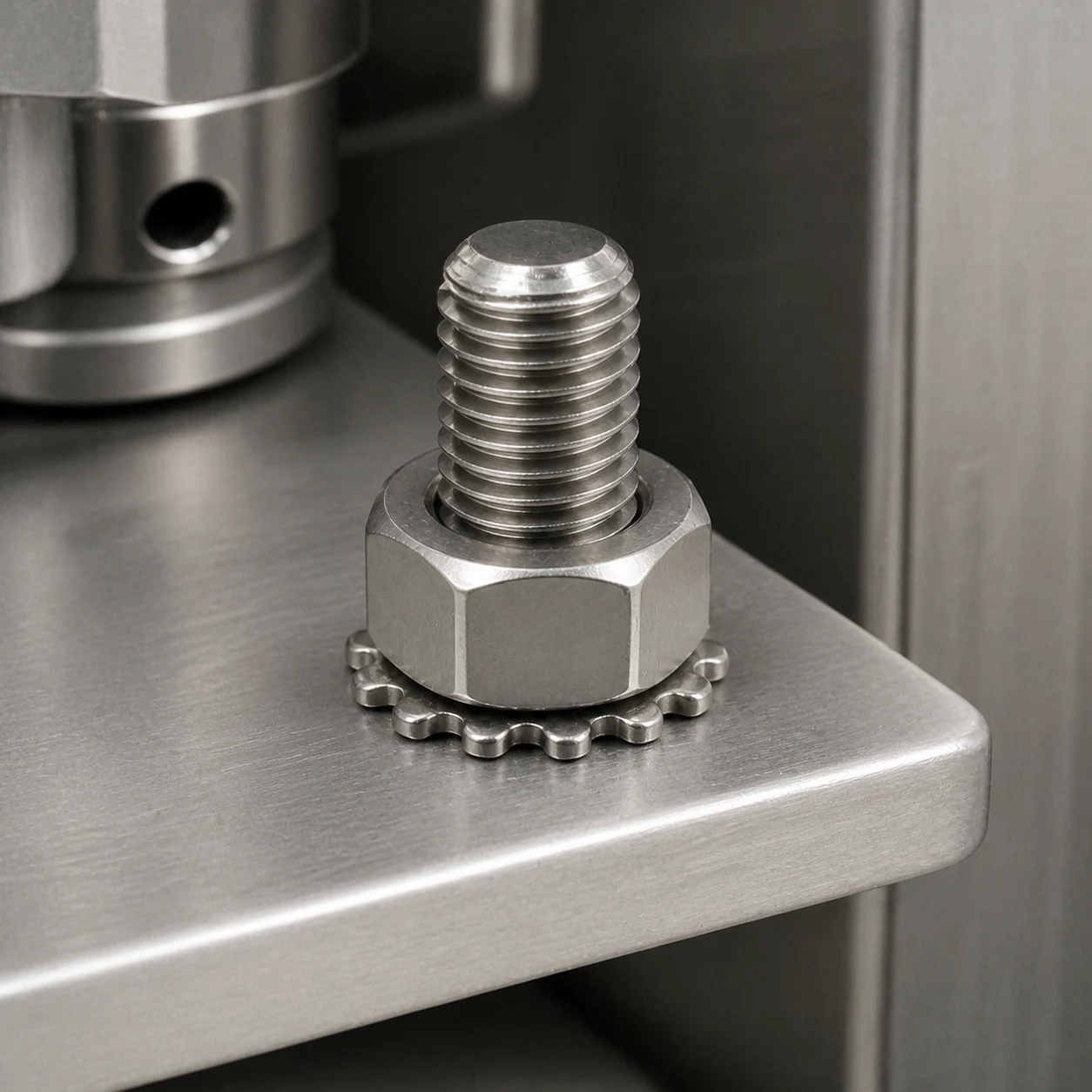 Stainless steel K-Lock nut installed on industrial equipment with its captive external-tooth washer contacting the mounting surface