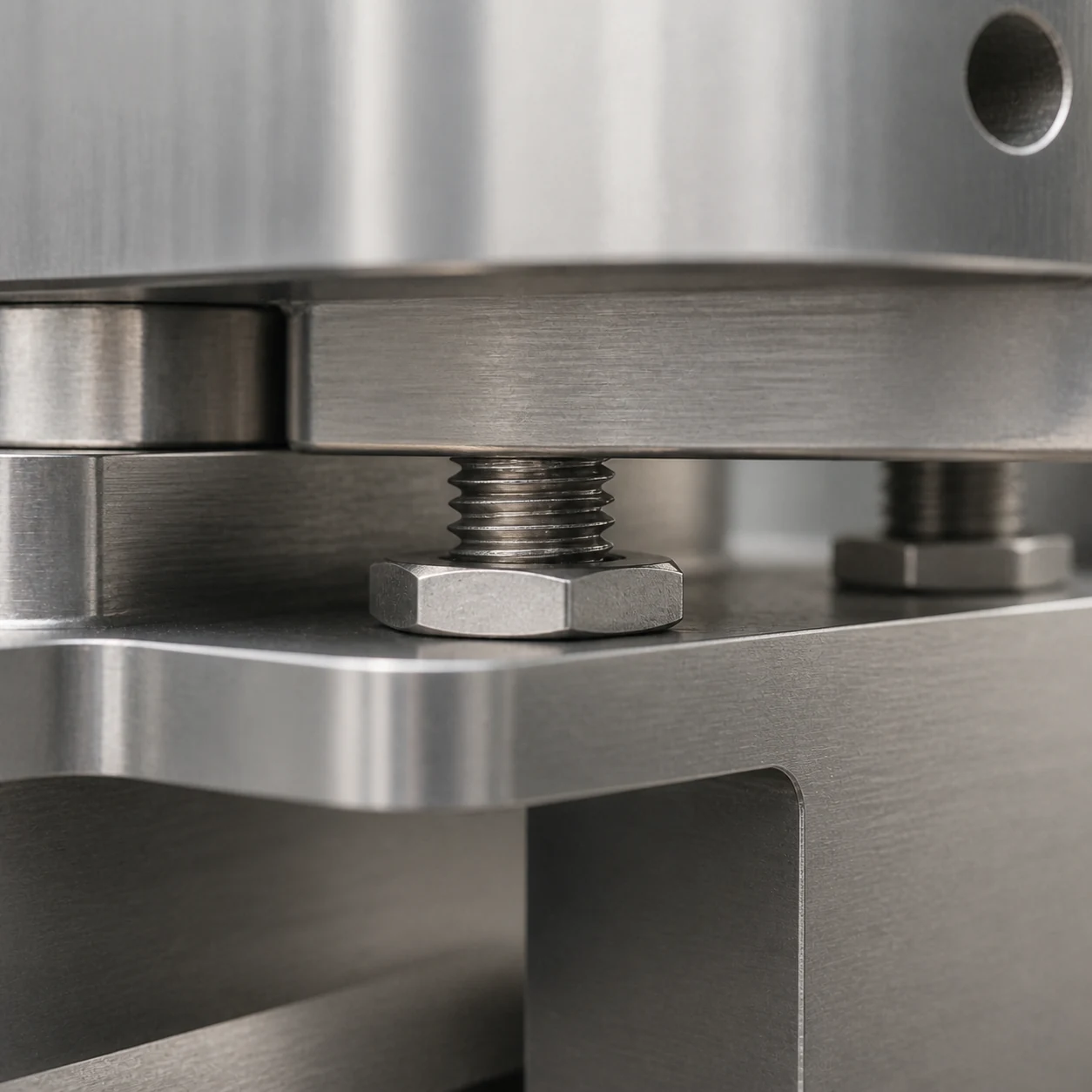 Stainless steel DIN 439 low hex nut installed on a threaded stud inside a limited-clearance machinery assembly