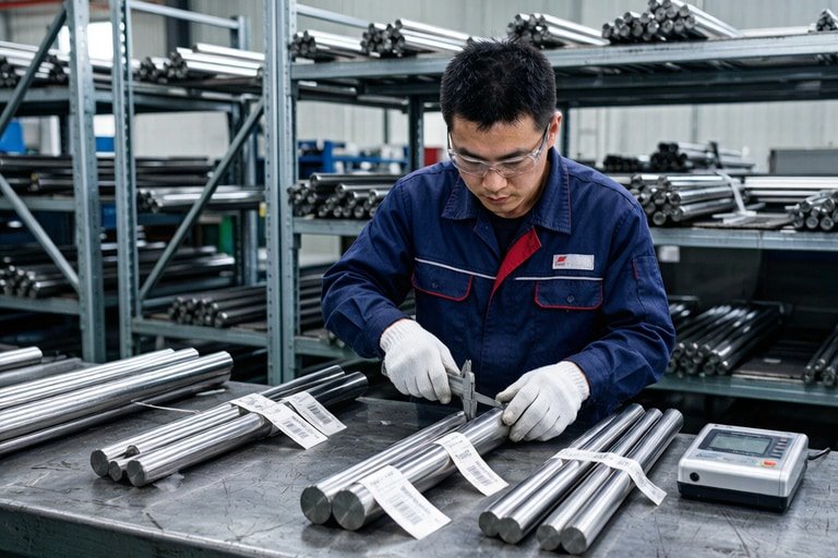 Stainless steel raw material warehouse with organized bars, rods and steel testing equipment