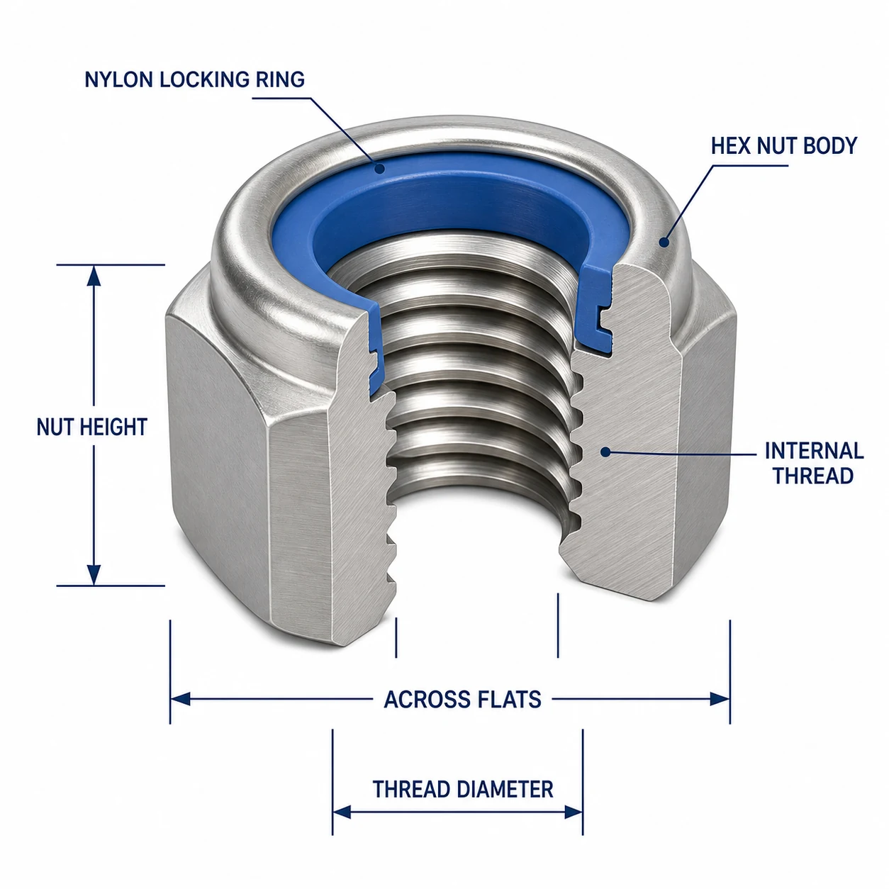 Stainless steel nylon lock nut cutaway showing nylon locking ring internal thread nut height across flats and thread diameter